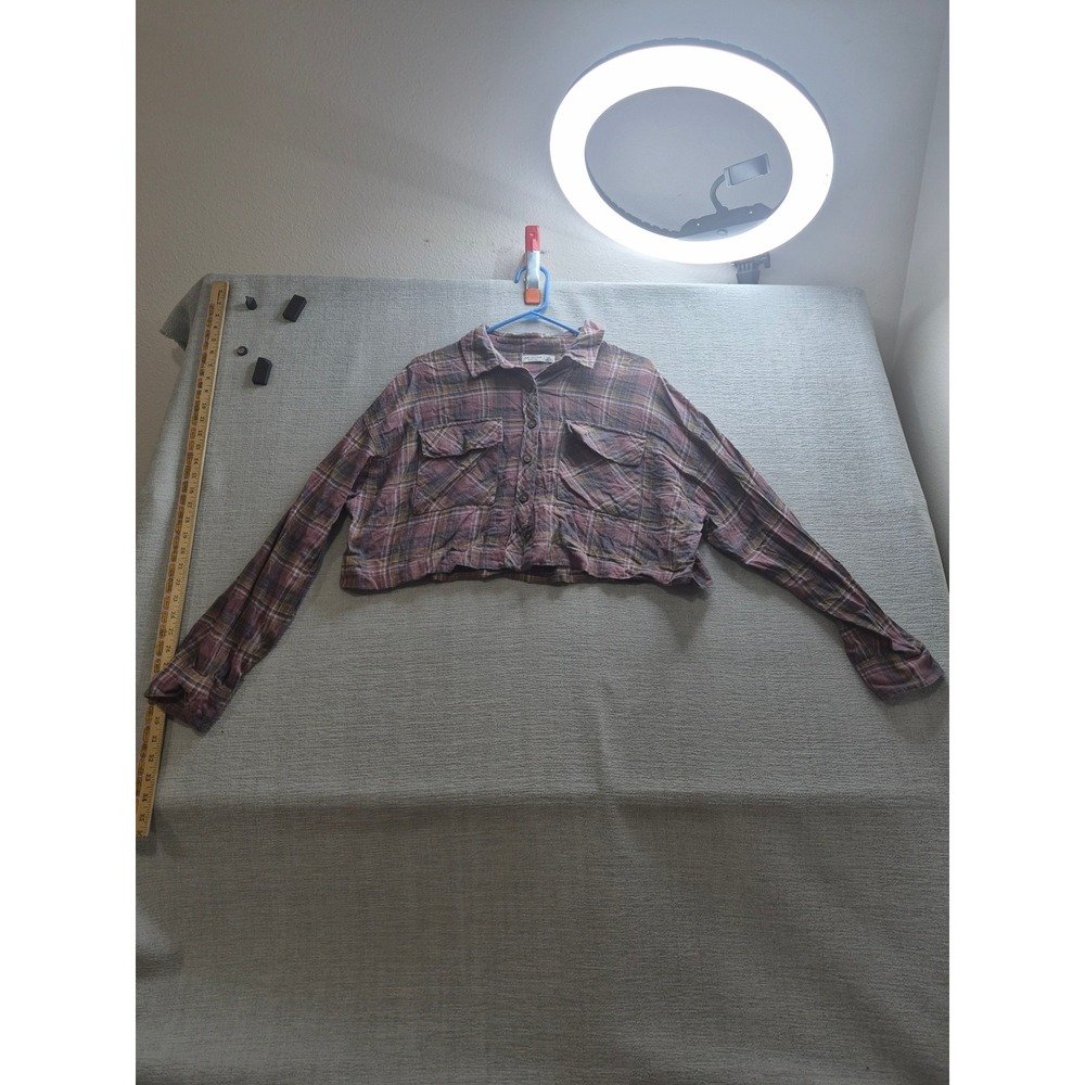 Arizona Flannel Cropped Shirt Womens XL Multicolor Plaid Pleated Button Up